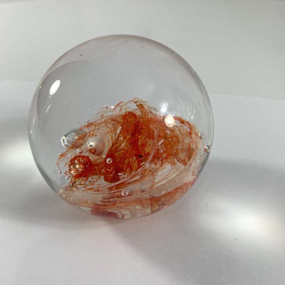 Round Art Glass Paperweight Clear Orange White Swirl Ball Bubbles 10" Around - Picture 3 of 9